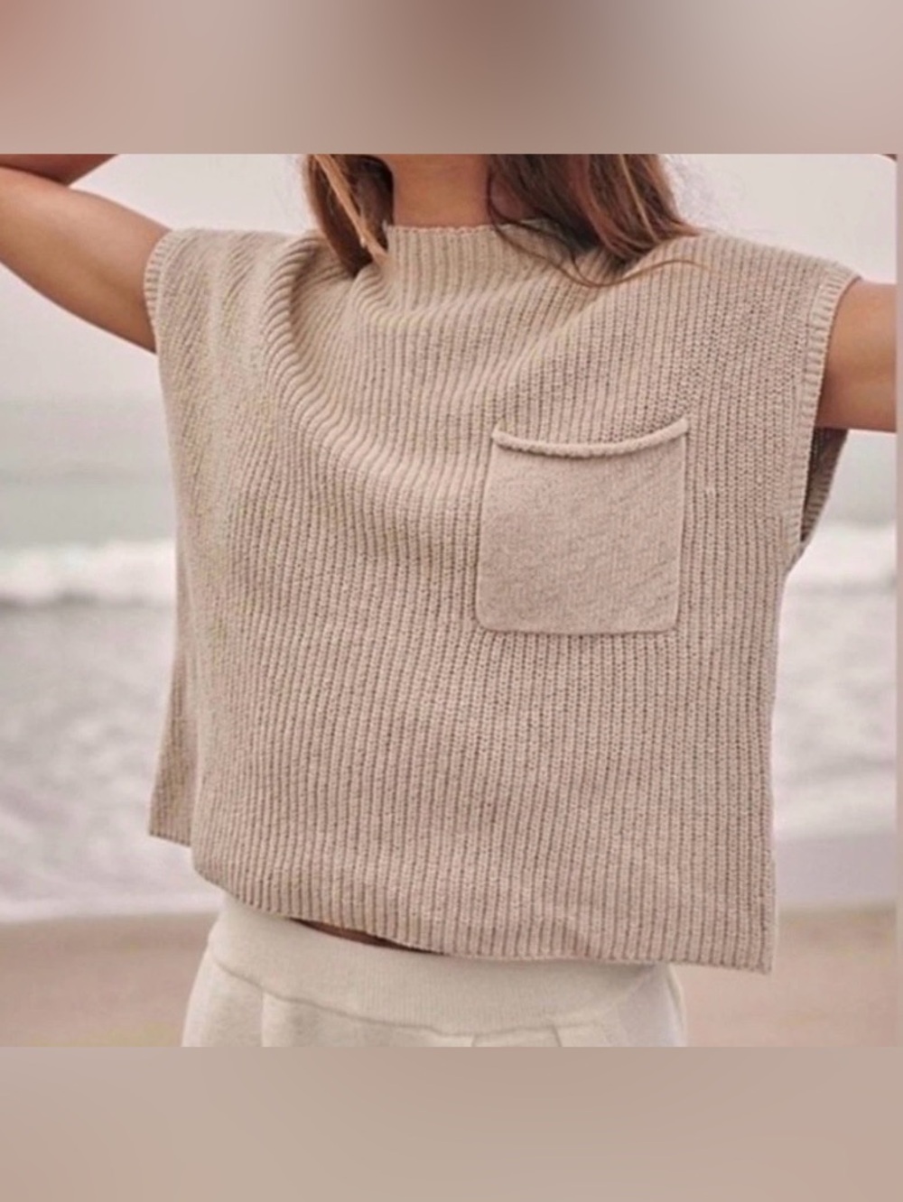FP Beach Free People Oatmeal Cotton Knit Sleeveless Sweater Pocket Top Size S